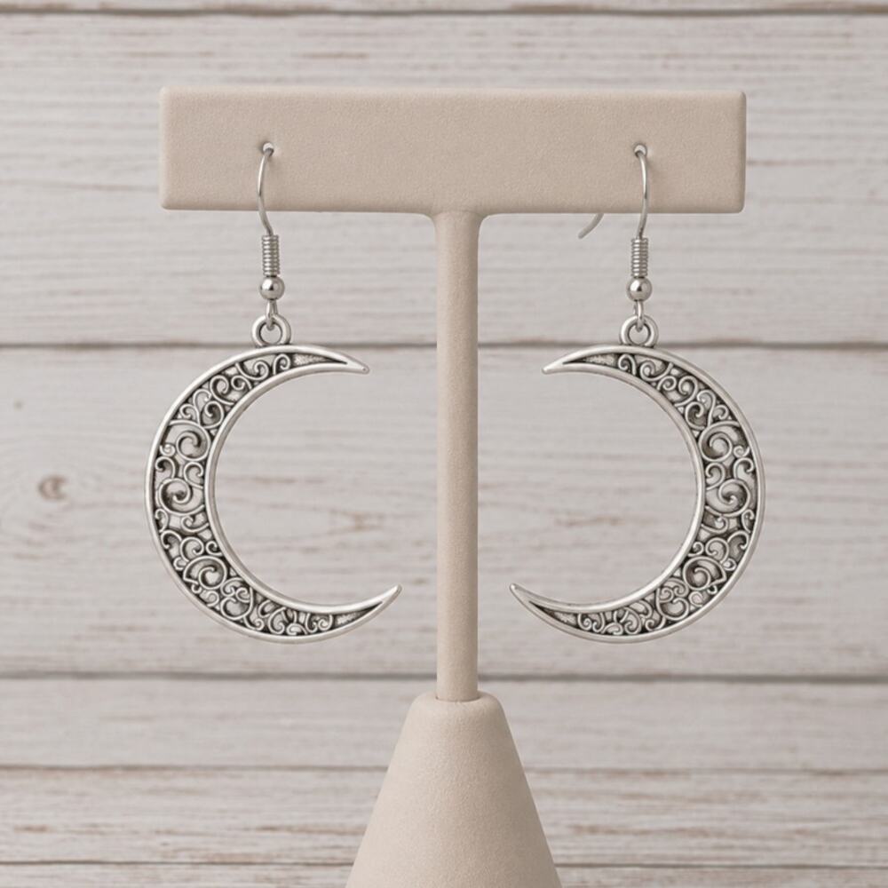Large Ornate Silver Tone Moon Earrings - Brand New
